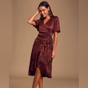 NWOT Lulus wrapped in love burgundy satin faux-wrap midi dress